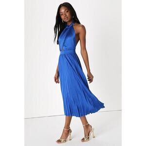 Lulus Totally Charming Royal Blue Satin Pleated Halter Midi Dress - Size M